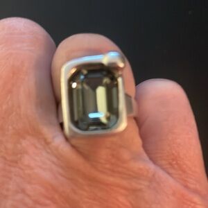 Uno de 50 silver ring with emerald cut  grey crystal. Size 7 EUC